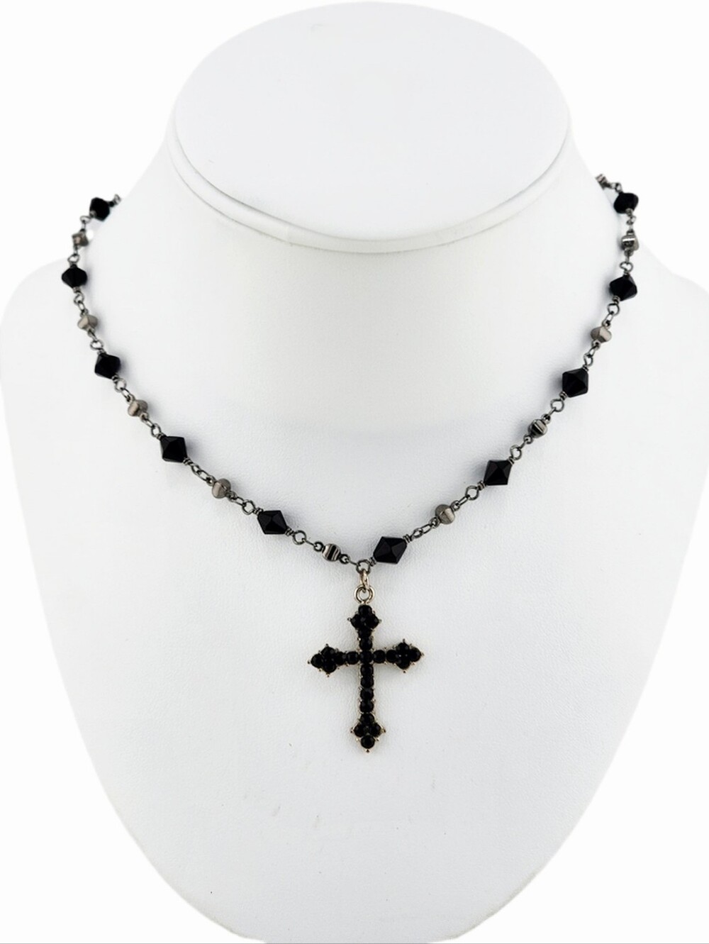 Black Crystal Cross Black Beaded Silver Tone Necklace